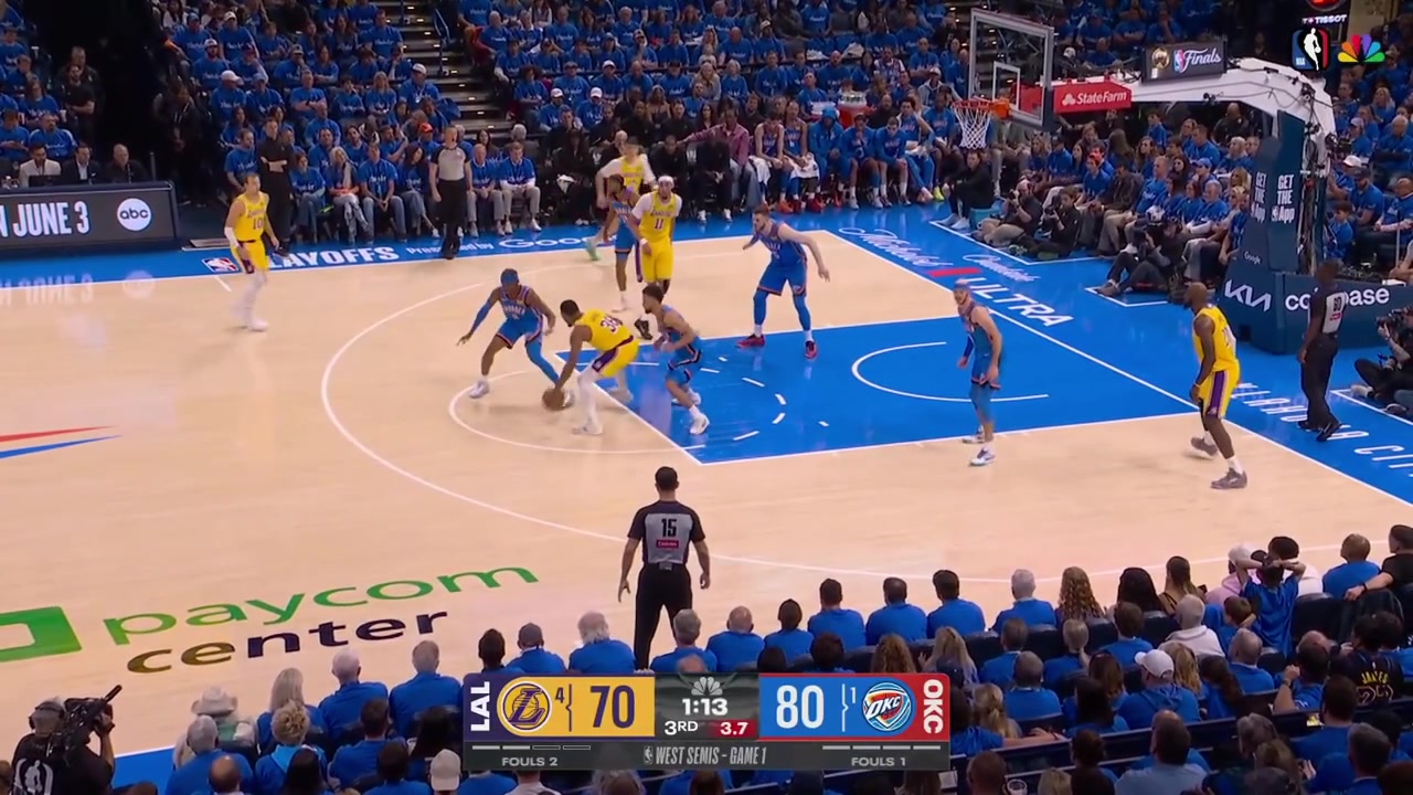 LeBron James grabs his first rebound of the game and scores the putback layup while being surrounded by 4 Thunder players in the paintHe also lets them know