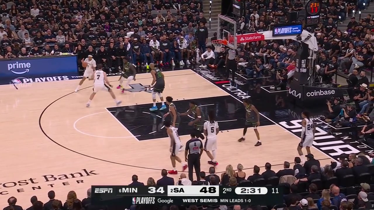 The Spurs score five consecutive buckets with no answer to end the 1st half with replaysKeldon with the driving layup Dylan Harper with the putbakc dunk Castle with the dunk Harper with a 3 and Vassell with a dunkA 11-0 run The Spurs are up 25