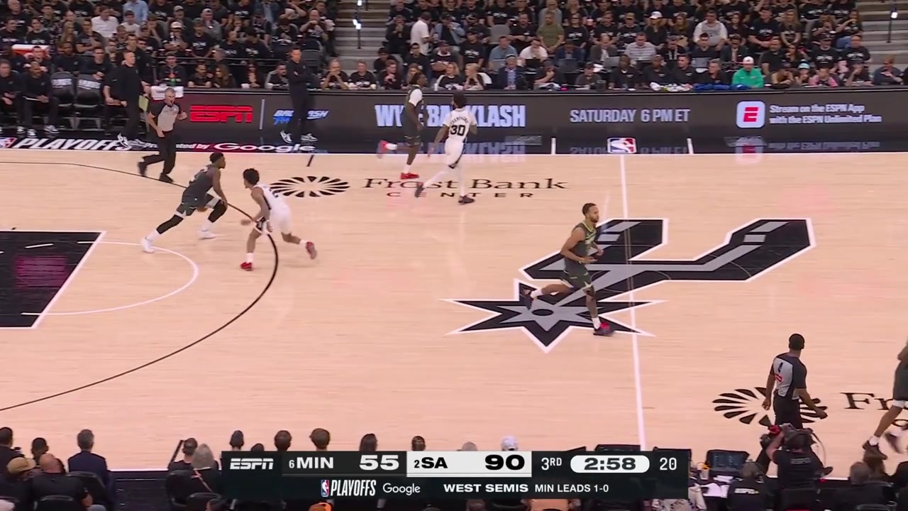 Lowlight Kyle Anderson isn't looking for the incoming pass by Anthony Edwards and Victor Wembanyama steals the ball cannot control it and sits in the 1st row after hustling for the loose ball