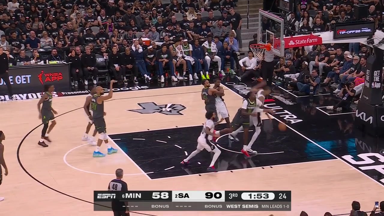 Victor Wembanyama grabs the rebound and hits a 3-pointer off a pass by Julian ChampagnieThen Wemby grabs another board and finds Champagnie for a triple with replays