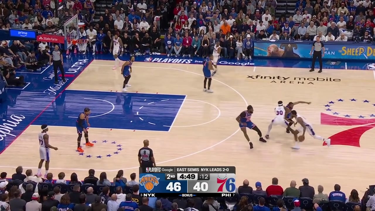 Mikal Bridges gets the steal scores the And-1 on Adem Bona and points at him Then hits a 3-pointer and Jalen Brunson banks in a jumper putting the Knicks up 1276ers timeout