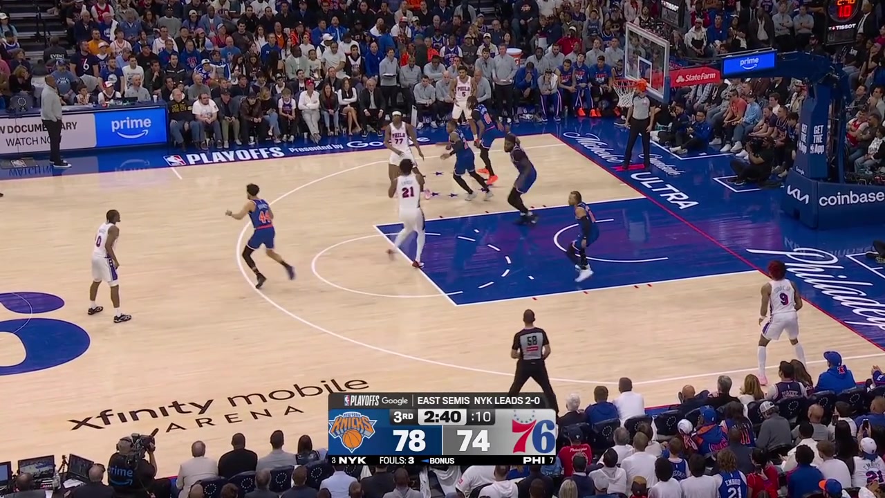 Joel Embiid works hard to score the putback off his own miss over Mitchell RobinsonThe 76ers Hack-A-Mitch but to everyone's surprise he makes both free throws