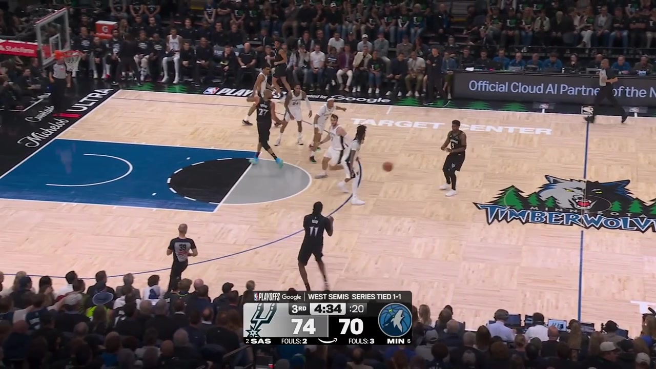 Dylan Harper gets hit in the back of the head after falling on Jaden McDaniels' knee the refs stop the game McDaniels tips the ball away from Stephon Castle who shoves him Naz Reid joins in and Keldon Johnson goes to protect his teammateGobert restrains McDaniels Double tech