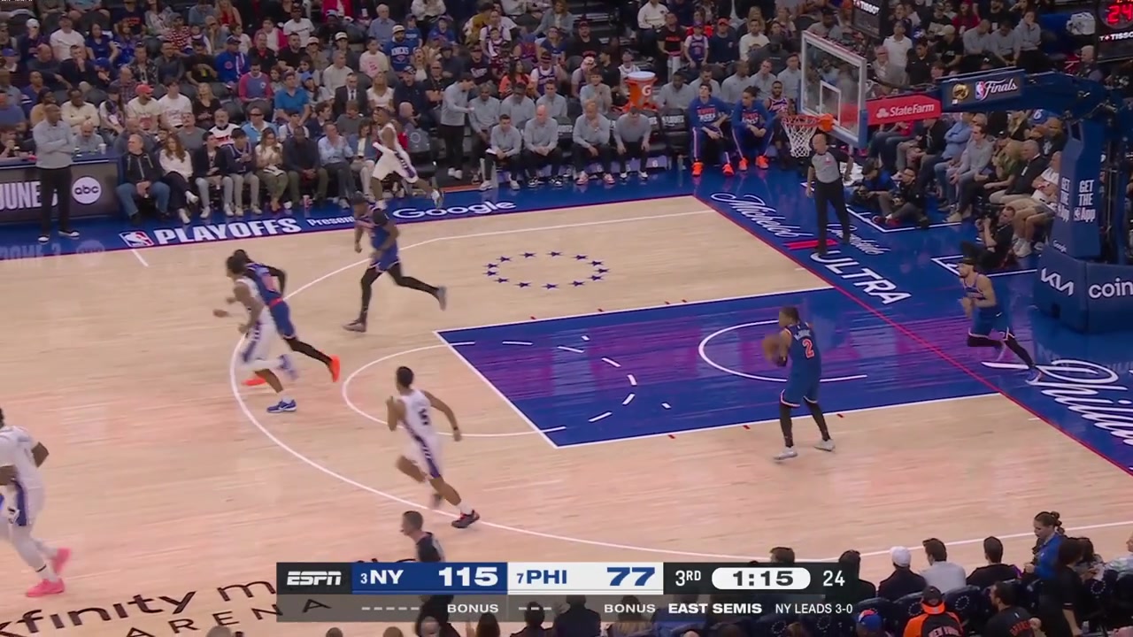 Miles McBride hits a 3-pointer And-1 but the 76ers challenge the call and the 3 is waived off - two free throws with no basket insteadMcBride makes both free throwsIt would have been McBride's 8th triple had it not been waived off