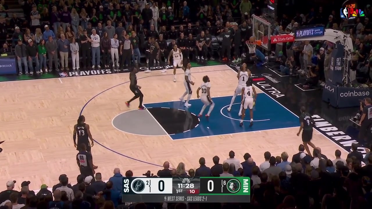 Victor Wembanyama grabs the rebound goes casually coast to coast and scores over Rudy Gobert for his first points of the game
