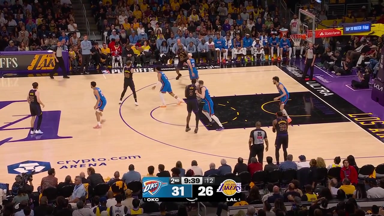 LeBron James with two consecutive turnovers and the Lakers with great defense at the other end twiceIncluding blocks by Austin Reaves and Rui Hachimura that lead to a 24-second violation on the Thunder