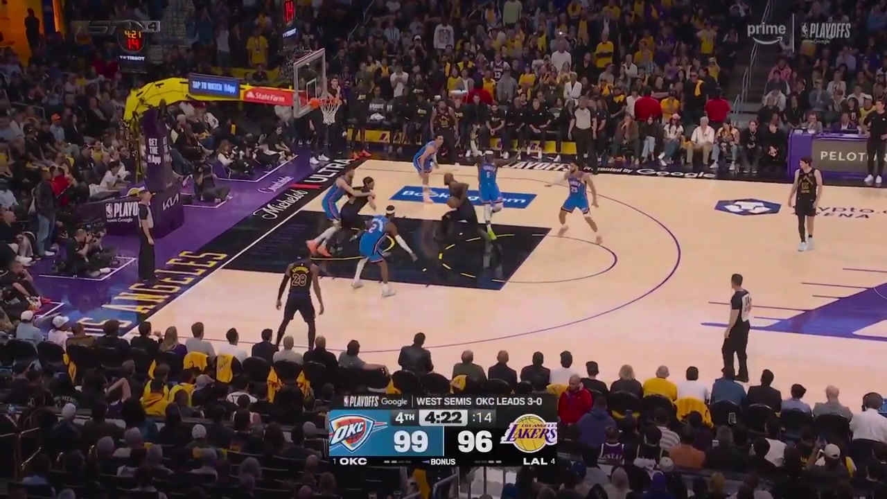 LeBron with a one-handed hammer dunk as he drives past OKC players