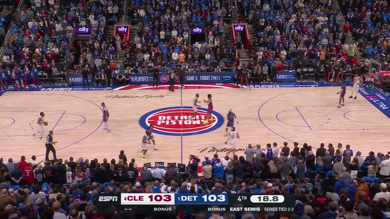 Ausar Thompson with the game-saving block on Donovan Mitchell and then he gets tripped by Jarrett Allen but no foul call with replays Game 5 is going to overtime