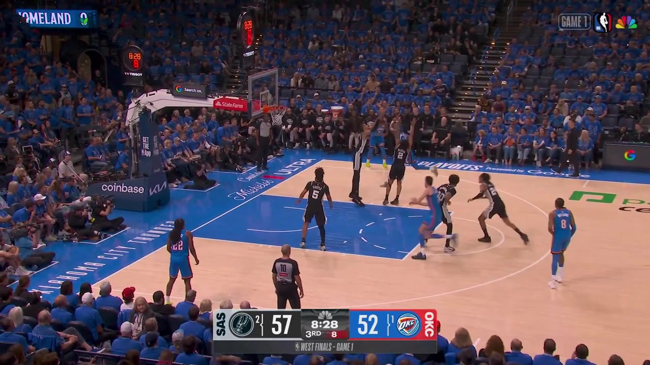 Jalen Williams finds Shai Gilgeous-Alexander for the corner 3 Cason Wallace strips Stephon Castle and forces an 8-second backcourt violation Lu Dort grabs the offensive rebound and hits a corner 3 from the other side giving the Thunder the lead with replaysSpurs timeout