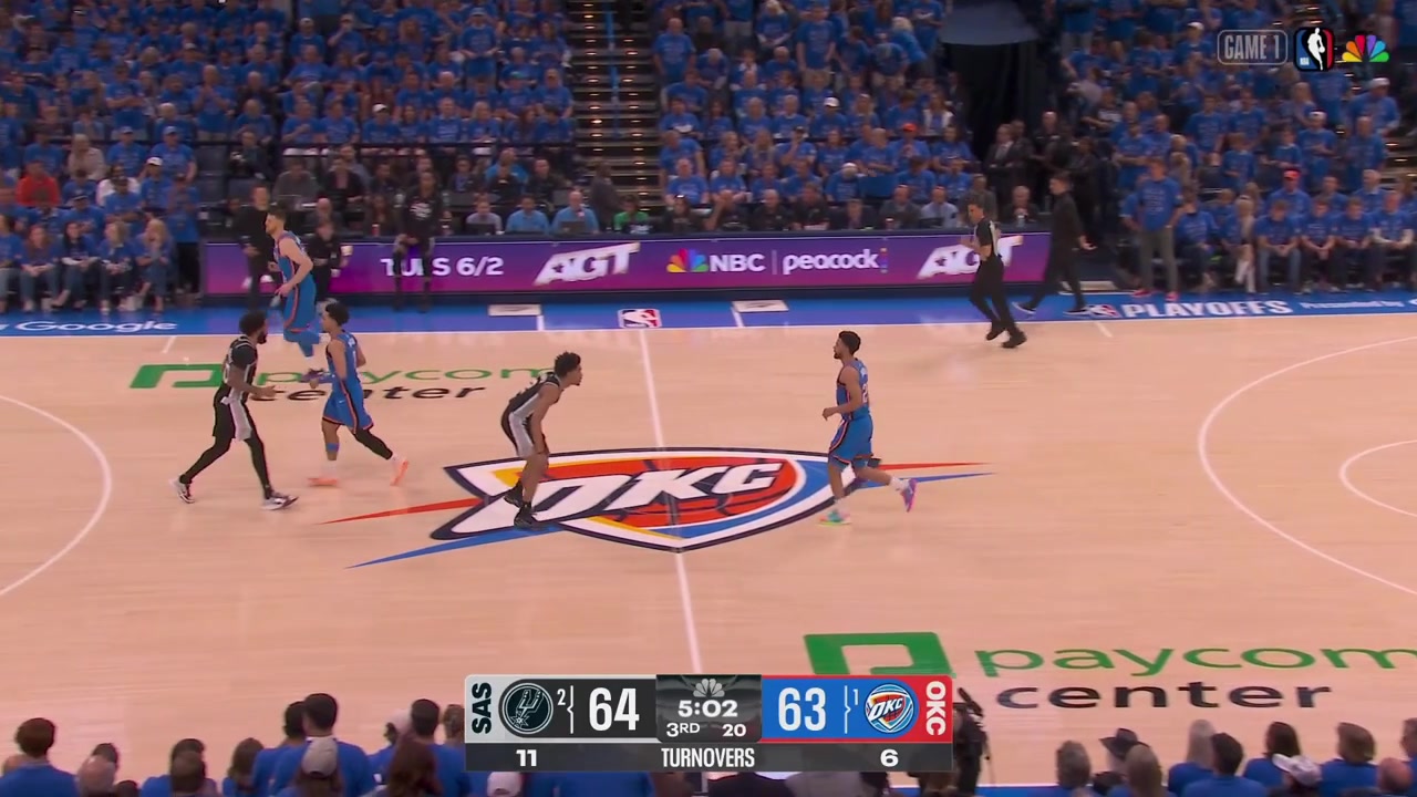 Dylan Harper strips Jared McCain and scores the layup on Ajay Mitchell at the other end putting the Spurs up 3 4th steal for HarperThe Thunder take a timeout
