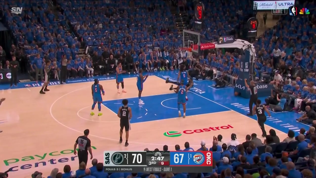 Victor Wembanyama draws hard foul from Jaylin Williams hits both free throws to go 7-of-8 from the line on the night