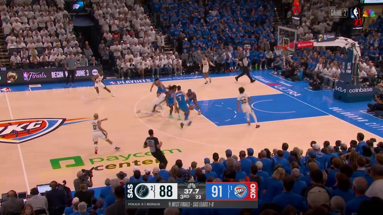 Wemby dives into SGA's legs trying to retrieve the loose ball with replays