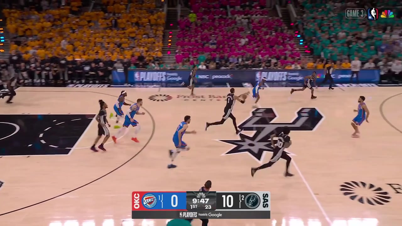 De'Aaron Fox with the fastbreak layup off a pass by Victor Wembanyama and Devin Vassell hits another 3 and the Spurs are on a 15-0 run to start game 3