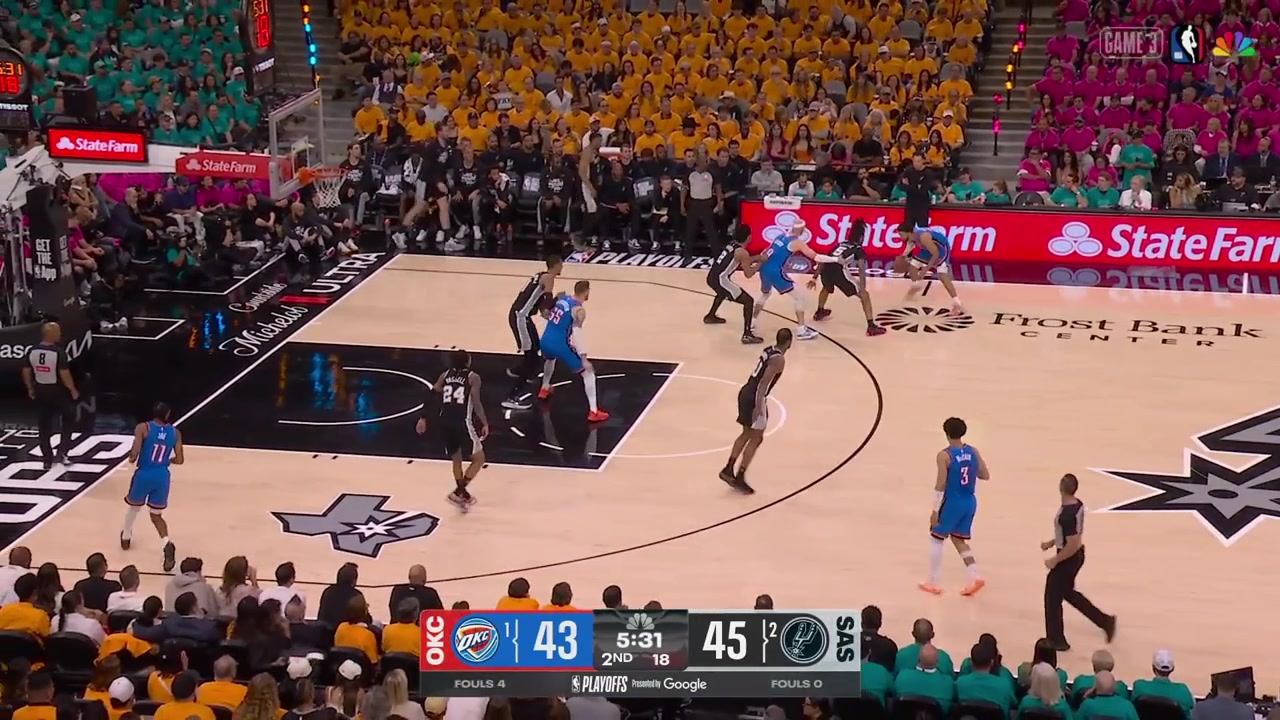 Stephon Castle blocks Ajay Mitchell's jumper with a replayAlso Isaiah Hartenstein looking into Wembanyama's soul