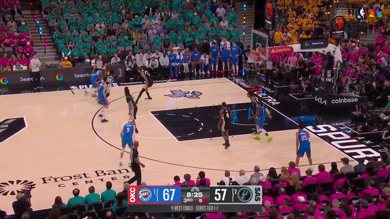 Stephon Castle gets fouled by Ajay Mitchell on the fastbreak layup attempt Devin Vassell lets Mitchell know he doesn't appreciate and they exchange shovesThe Spurs' security hold Castle back Isaiah Joe tests the Thunder's coach team pretending he is about to join the kerfuffle