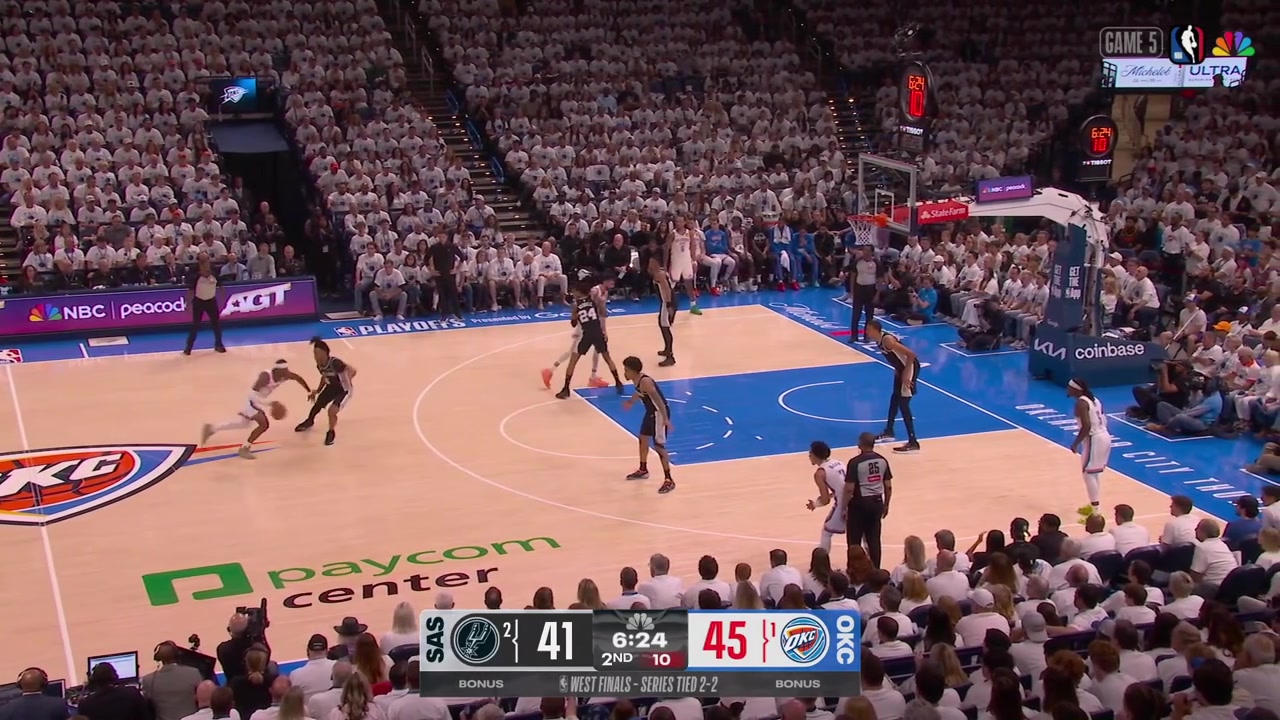Stephon Castle strips Shai Gilgeous-Alexander and SGA pulls Castle's jersey from behind and is called for the transition foul with a replayWembanyama makes the single free throw