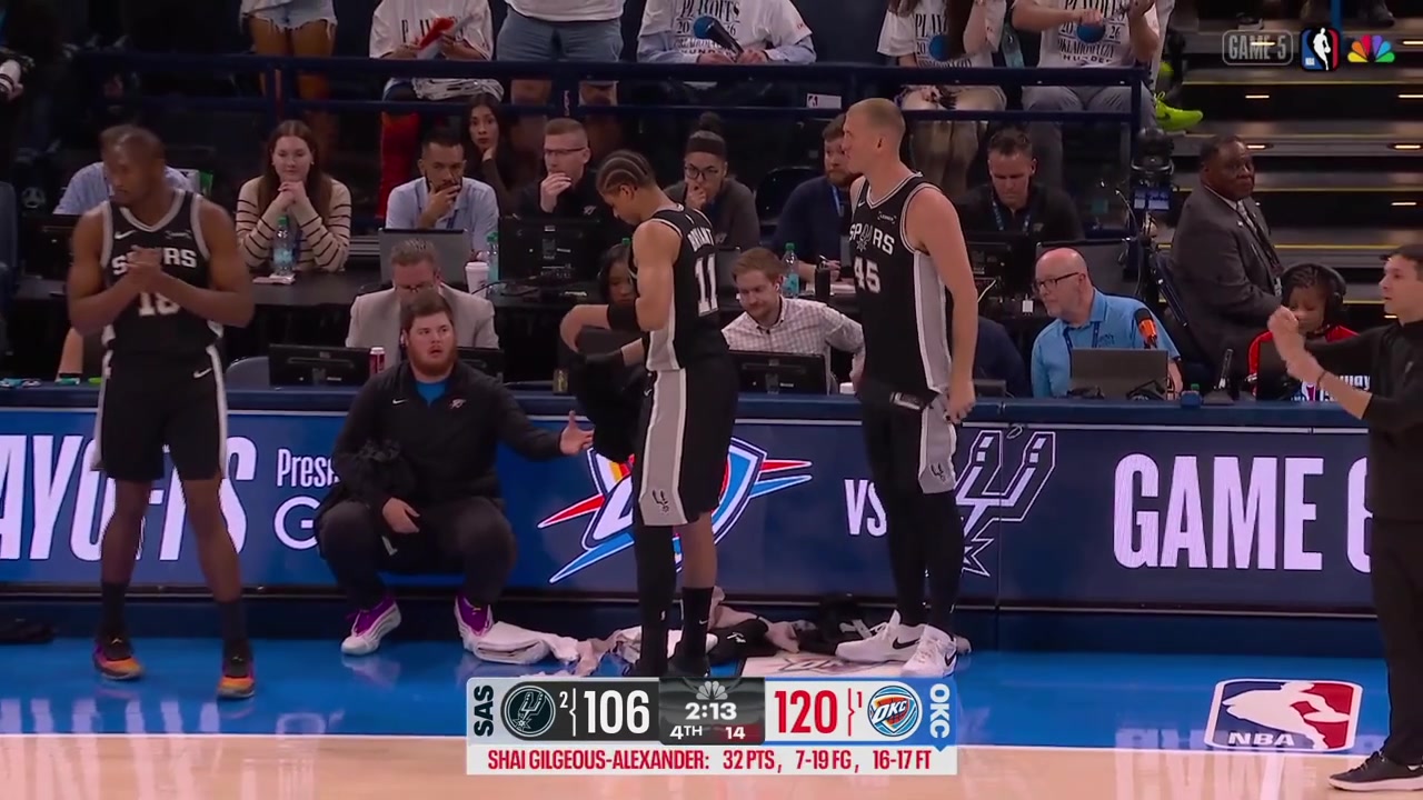 Victor Wembanyama whispers something to Mason Plumlee amp Bismack Biyombo they get subbed in in garbage time and they both pick hard fouls on Jared McCain as well as one foul on Alex Caruso with replays of the fouls on McCain Hartenstein having words with Biyombo