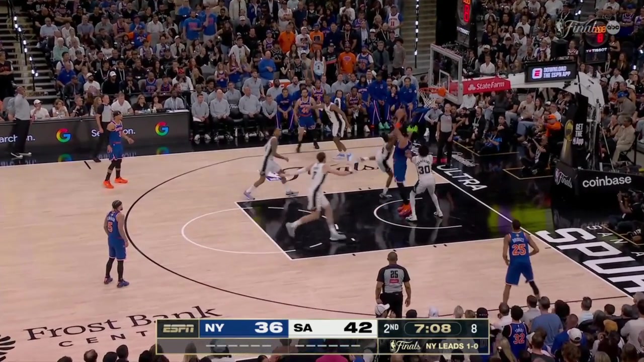 KAT somehow gets the ball to Mikal Bridges for 3