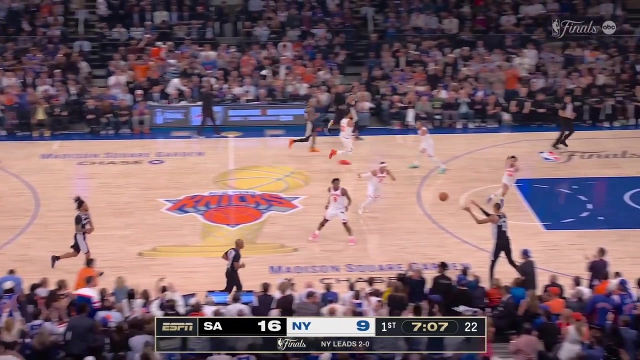Victor Wembanyama drives through OG Anunoby and scores the And-1 over him and Karl-Anthony Towns starting 44 from the field with replays