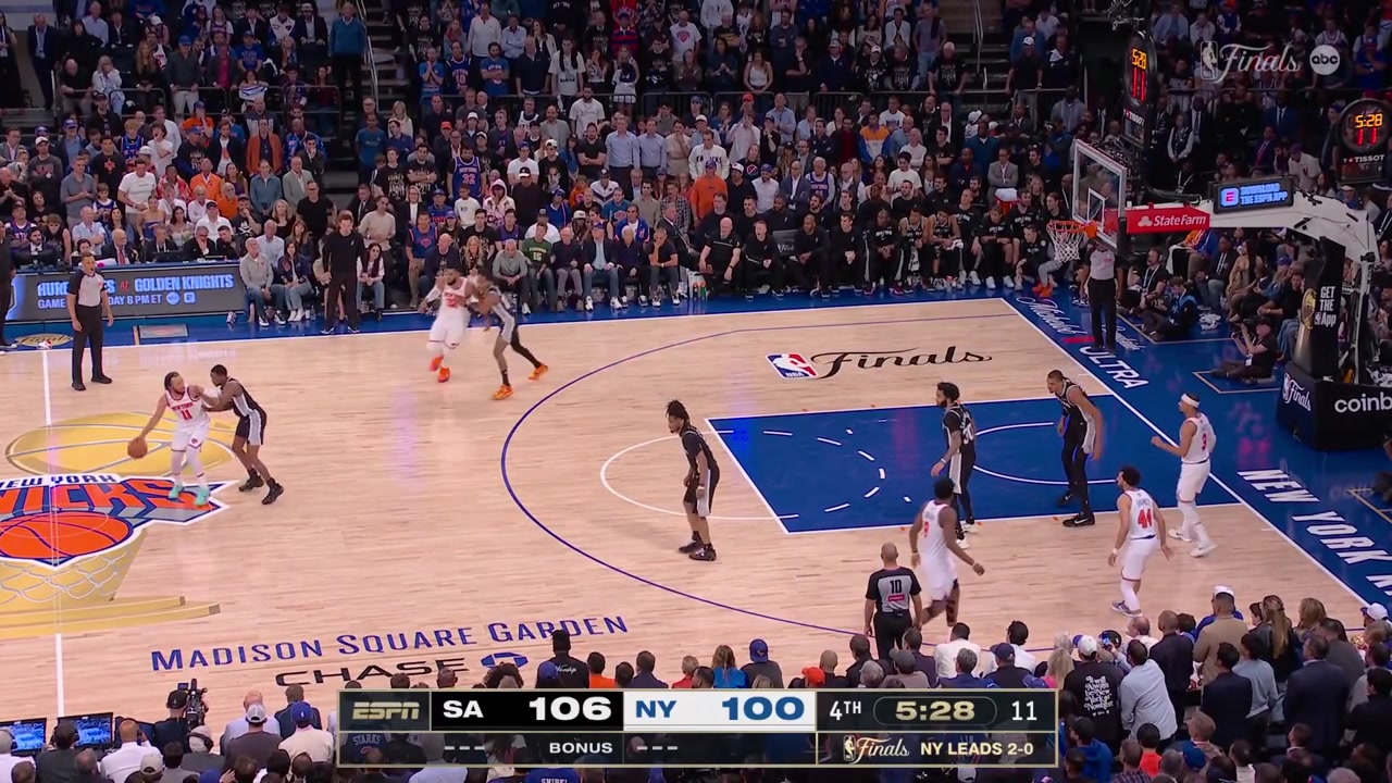 Jalen Brunson recovers the ball and spikes it on Devin Vassell as he falls on the score's tableThe Spurs sub in a player in order to get more time to think whether to challenge the ball as the Knicks inbound the ballThe refs tell the Knicks to startover