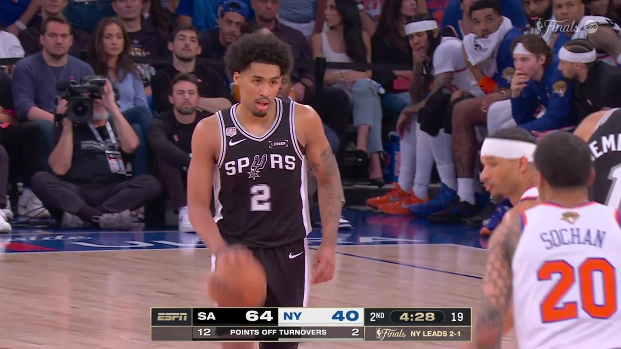 Dylan Harper shows his strength driving through the Knicks defense players for the layup then hits a 3-pointer then taps a rebound picks the loose ball at the other end and scores the 360 jumper with replays