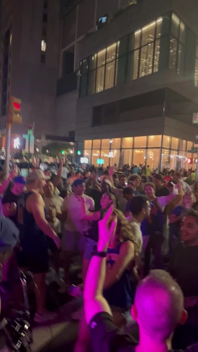 Knicks fans celebrate in the streets to Frank Sinatra's Theme from New York New York