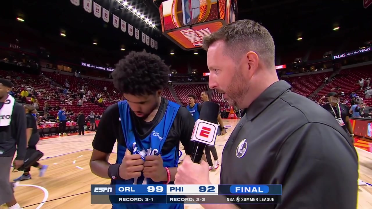 Jase Richardson postgame interview on the court after the 99-92 win against the Philadelphia 76ersHe took responsibility for his mistakes at the end of the game which led to a late run by the 76ers which almost cost his team the game