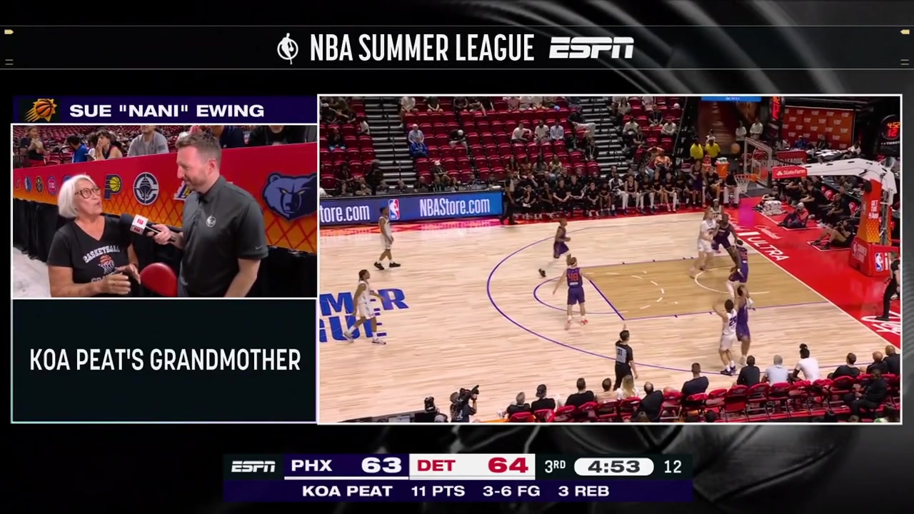 Koa Peat with a nice alley-oop poster dunk while his grandmother is being interviewed and sadly misses the live action with replays