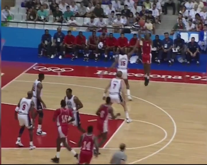 Magic finds Bird for three in Dream Teams first Olympic game vs Angola