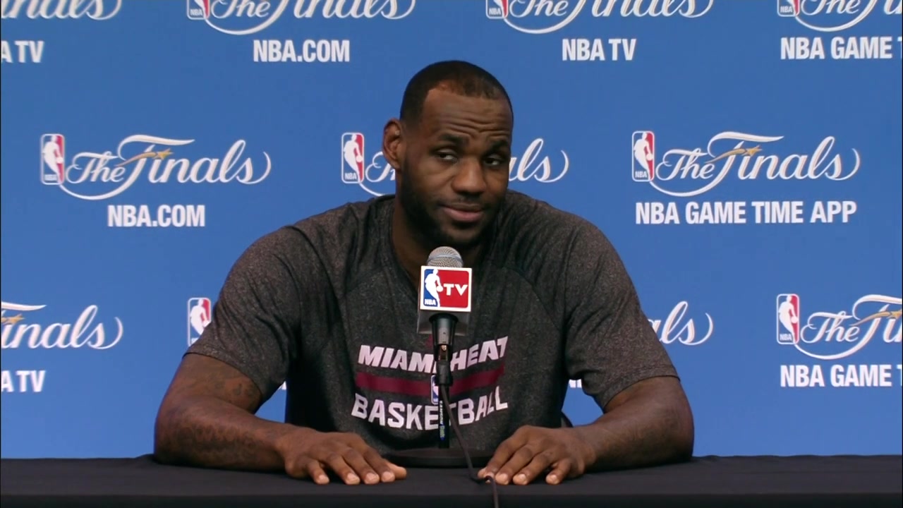 LeBron cracks a joke about practice with Wade before Game 2 of the 2014 Finals In frame is also Brian Windhorst taking it all in