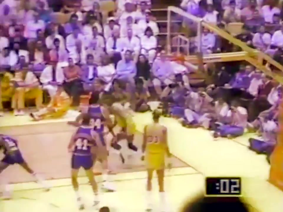 Magic Johnson throws one in from more than 80 feet away to give the Lakers an 82-53 halftime lead over the Nuggets in Game 1 of their first round playoff series Magic had 16 PTS14 AST in 27 minutes of the 128-95 win Denver's Blair Rasmussen had 26 PTS13 REB 1987