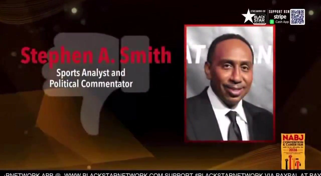 The National Association of Black Journalists gives Stephen A Smith the Thumbs Down award for his recurring public pattern of disparaging public commentary directed at prominent Black women across politics sports and media