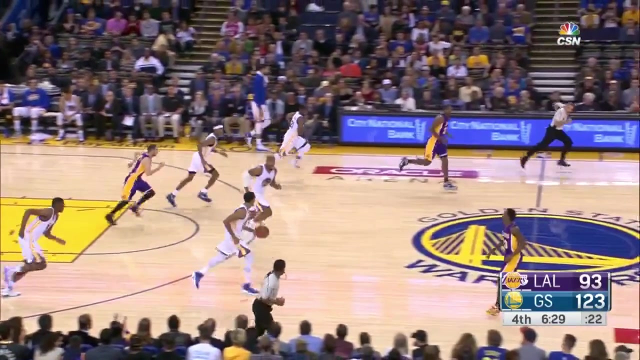 Ian Clark hits his 5th triple of the night and points at Kevin Durant who points back at him and signals him to come over as Steph Curry points at them and start laughing with a replay 11232016
